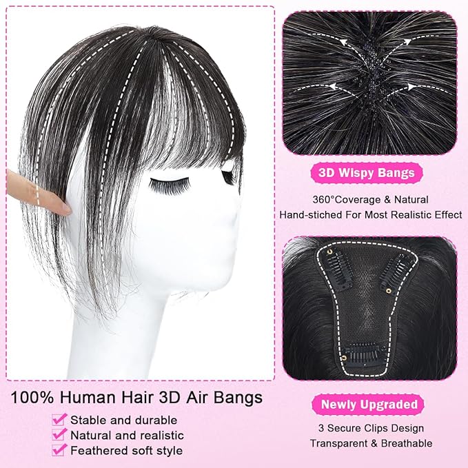 Hair Toppers For Women Real Human Hair 360° 3D Cover Human Hair Topper with Bangs Wispy Bangs Extensions Clip in Bangs for Daily Wear Natural Black
