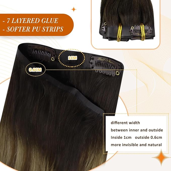 Full Shine Brown Clip in Hair Extensions Balayage Seamless Hair Extensions Clip in Dark Brown Ombre Medium Brown Mix Caramel Blonde Clip ins Remy Hair 18 Inch 120G 8 PCS