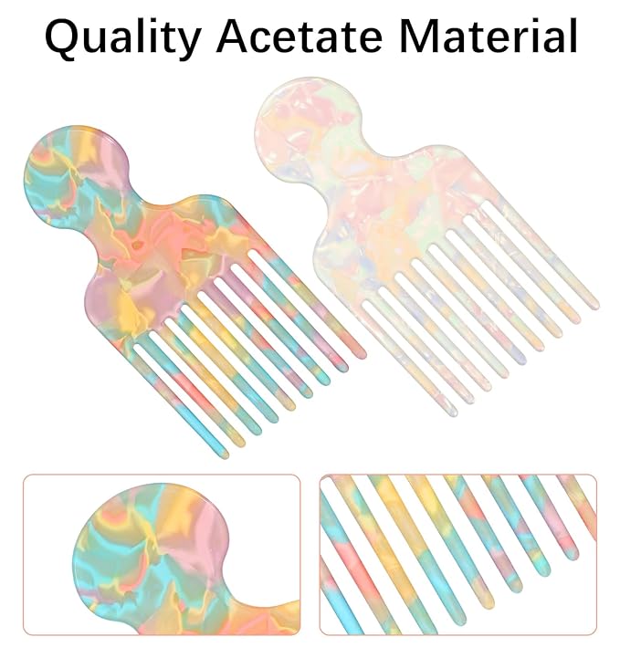 2Pcs Afro Pick, Wide Hair Pick Comb Afro Styling Tool for Curls Detangling Lift, Unisex Portable Grip Textured Scalp Massage Comb