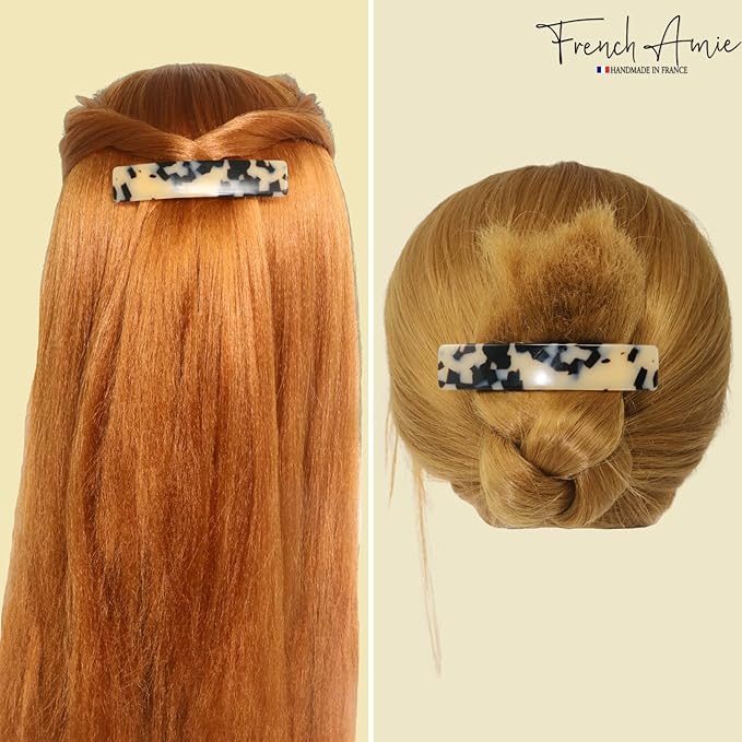 French Amie Oblong Handmade 3.5" Celluloid Automatic Hair Clip Barrette French Hair Clip for Girls Strong Hold Hair Clips for Women No Slip Durable Paris Hair Accessories, Made in France (White Tokyo)