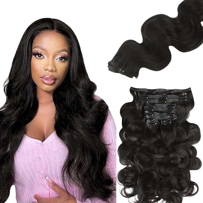 Lashey Hair Extensions Seamless Clip in Human Hair, Body Wave 150g 9pcs Natural Black 20 Inch 100% Real Human Hair Clip in Hair Extensions with Soft PU Skin Weft for Women