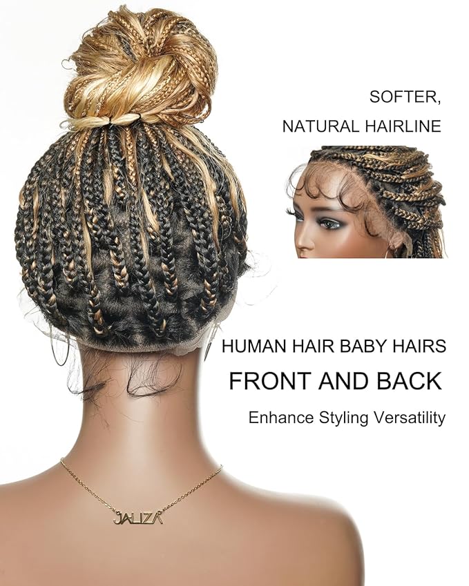 Human Hair Boho Curls Hand-Tied Full Lace Wig - 24" Small Box Braids (79 Braids) Pre-Cut Real Swiss HD Lace, Lightweight, Pre-Plucked, Knotless, Tangle-Free Boho Braided Wig | 1B/27/613