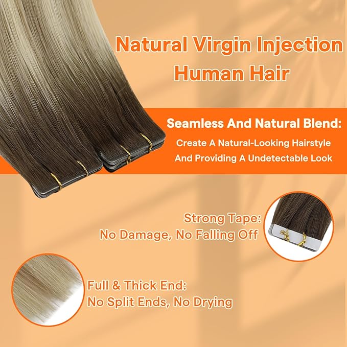 Full Shine Invisible Tape in Hair Extensions Human Hair Color 2 Brown Fading to 18 Ash Blonde and 22 Blonde Double Sided Tapes Virgin Injeted Tape in Extensions 14Inch 10Pcs 25Gram for Daily