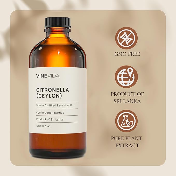 VINEVIDA Citronella Ceylon Essential Oil 4 oz - Undiluted Citronella Oil 4 oz - Citronella Candle Oil Scent - DIY Candle Scents for Candlemaking - Bulk Essential Oil for Soap Making Safe for Skin