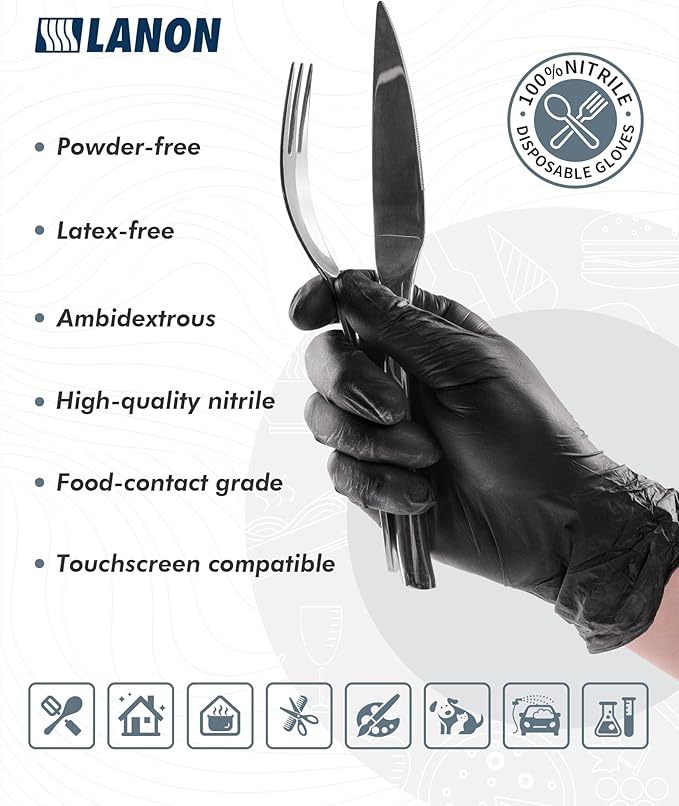 LANON Protection Food Safe Disposable Nitrile Gloves, Latex-Free, Powder-Free, Silicone-Free, Textured Fingertips, Cooking, Black，Medium