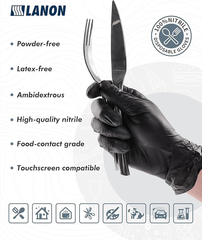 LANON Protection Food Safe Disposable Nitrile Gloves, Latex-Free, Powder-Free, Silicone-Free, Textured Fingertips, Cooking, Black，Large