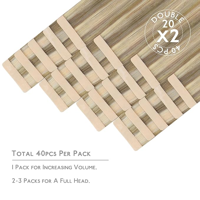 WENNALIFE Tape in Hair Extensions Human Hair, 40pcs 120g 26 inch Ash Brown with Platinum Blonde Highlights Remy Hair Straight Tape in Extensions Invisible Reusable Real Hair