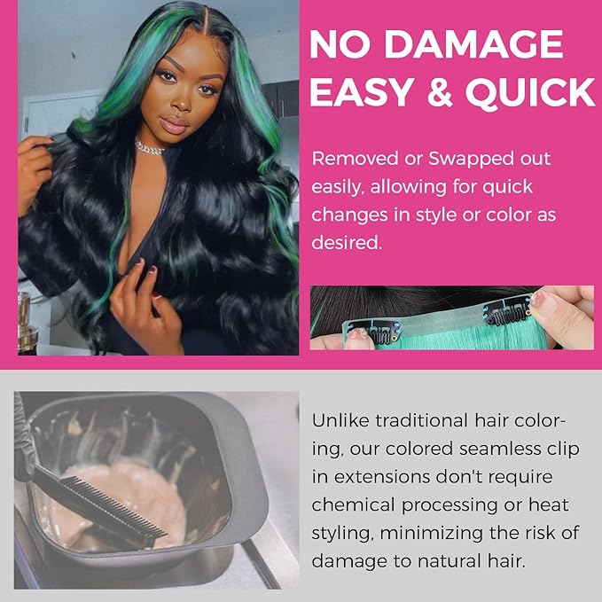Lashey Seamless Clip in Hair Extensions Human Hair 4pcs 37g Green 16 Inch Straight Hair Extensions Clip ins with PU Soft Invisi Edge