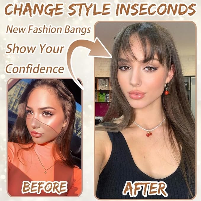 Amchoice Hair Toppers for Women Real Human Hair, Bangs Hair Clip 360° 3D Cover Bangs, Human Hair Toppers for Women Daily(Medium Brown, 3D Wispy Bangss (5 * 9))