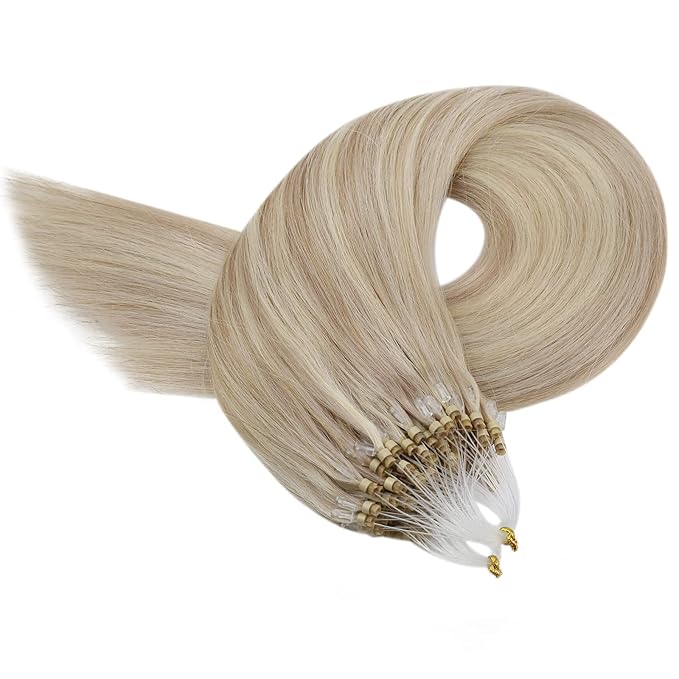 YoungSee Micro Link Hair Extensions Human Hair Blonde Micro Bead Hair Extensions Real Human Hair Blonde Highlights Ash Blonde Micro-Ring Hair Extension Silky Straight 18In Bead Hair Extension 50g 50s