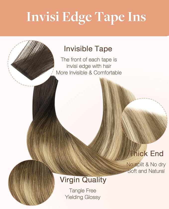 GOO GOO Invisi Edge Tape in Hair Extensions Human Hair, 2/6/18 Balayage Brown to Dirty Blonde, 20pcs 14inch 50g, Virgin Remy Hair, Seamless Injected Tape, Natural Look