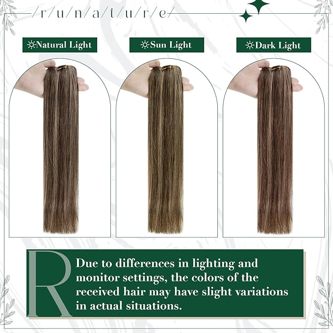 RUNATURE Real Hair Extensions Clip Ins, Brown Clip in Hair Extensions with Highlights, Double Weft Natural Hair for Women, Easy to Apply, 16 Inch 50g 3pcs #3P12 Brown Mix Blonde
