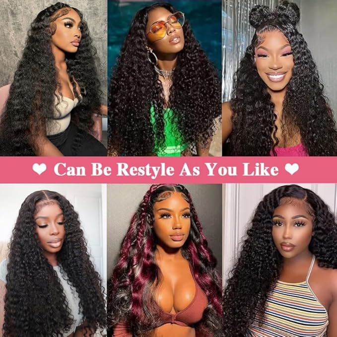 24 Inch Deep Wave Lace Front Wigs Human Hair 200% Density 13x6 HD Transparent Deep Wave Lace Front Wigs for Women Curly Wigs Pre Plucked with Baby Hair Glueless Wigs Natural Color