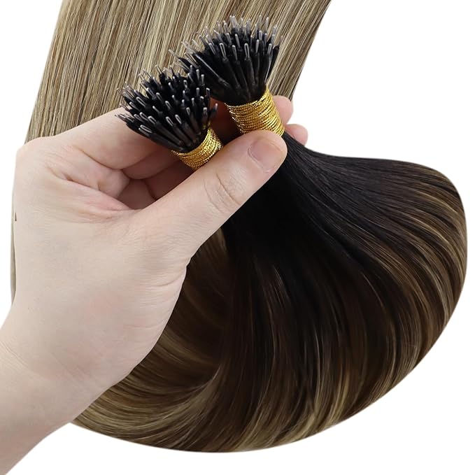 YoungSee Nano Ring Hair Extensions Real Human Hair Ombre Dark Brown to Blonde Nano Loop Real Hair Extension Cold Fusion Natural Hair Extensions Nano for Women Long Straight Hair 22in 1g/s 50g