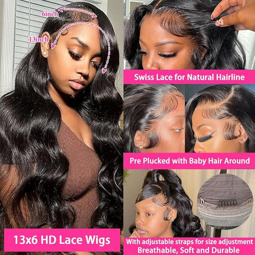 13X6 Body Wave Lace Front Wigs Human Hair 180% Density 24 Inch HD Lace Front Wigs Human Hair Pre Plucked Glueless Wigs Human Hair for Black Women Frontal Wigs with Baby Hair Natural Color