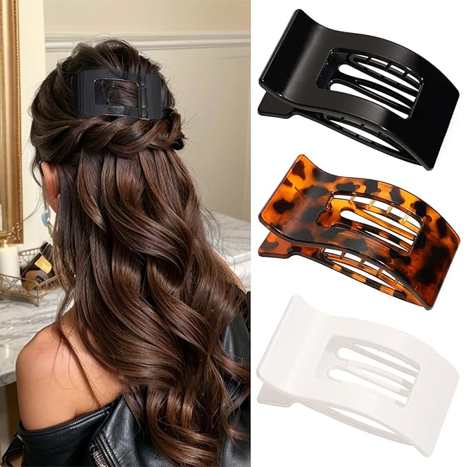 3-Pack Large Flat Hair Clips for Women, Lay Flat Claw Clips for Thick Thin Hair, Strong Hold Non-Slip Duckbill Hair Claws for Everyday, Updos, and Special Occasions (B-Mix Colors)