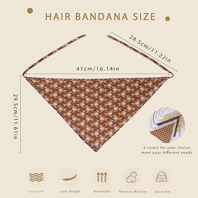 6 Pack Hair Scarf Headband for Women Elastic Bandana Head Scarf Large Boho Triangle Kerchief with Clips Non Slip Scarves