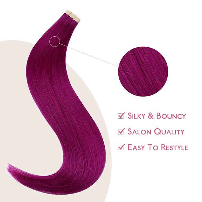 WENNALIFE Tape in Hair Extensions Human Hair Violet Tape in Extensions, 10pcs 20g 10 inch Remy Invisible Tape Ins Straight Colored Soft Real Human Hair Tape in Extensions Refill Set Extensions
