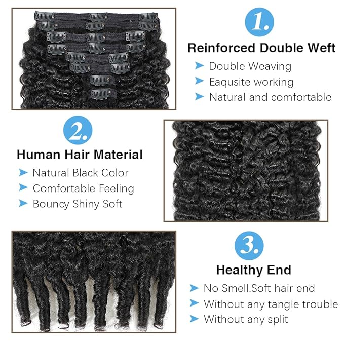Burmese Curly Clip in Hair Extensions Real Human Hair, 8Pcs Remy Human Hair Clip in Extensions for Women, Natural Soft Human Hair, 120g 24inch #1B Natural Black
