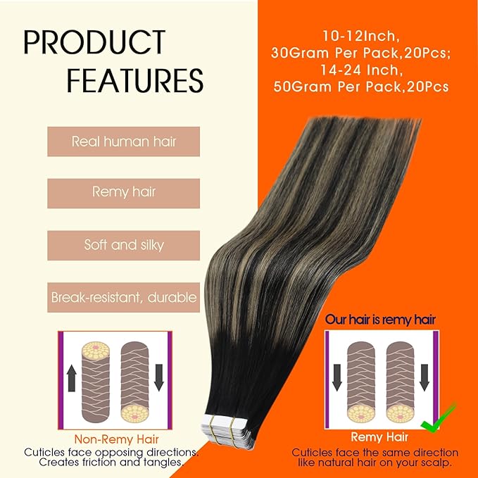 Full Shine Blonde Tape in Hair Extensions Human Hair 20Inch Color 1B/27/1B Black Highlighted Honey Blonde Remy Tape in Extensions Real Human Hair 20Pcs 50G Double Sided Tape in Hair Invisible Tape ins