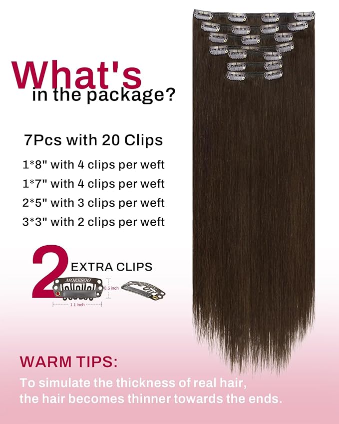 Moresoo Human Hair Clip in Extensions Brown Double Weft Silk Soft Natural Hair Extensions for Women Medium Brown #4 7pcs/150g 22inch