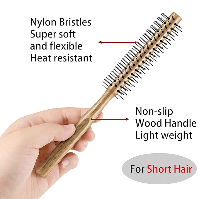 Geiserailie 2 Pieces Thick Round Hair Comb Bristle Blow Drying Hairbrush Small Brush Short Hair Massage Comb Head Massage Round Brush Roll Hairbrush for Wet or Dry(Black, Wood Color)