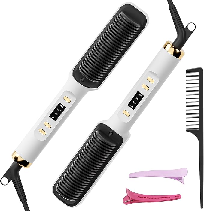 Hair Straightener Brush, Hair Straightening Iron with Built-in Comb, 4 Temp Settings & LED Display & Anti-Scald & Auto-Off Safety, Perfect for Fine, Soft Hair, Ideal Gift for Women