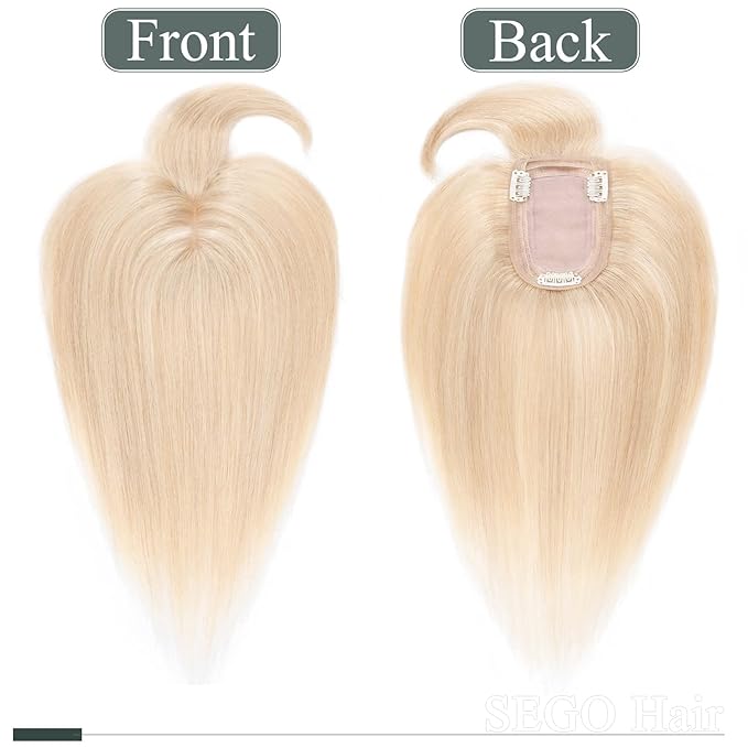 SEGO Hair Toppers for Women Real Human Hair with Thinning, with Front Bangs Clip in Toppers Straight 150% Density Silk Base -10 Inch #18/613 Ash Blonde Mix Bleach Blonde