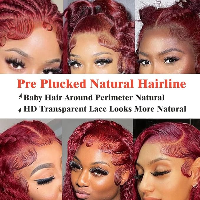 30 Inch 99J Burgundy Deep Wave Lace Front Wigs Human Hair 200% Density 13x6 HD Lace Frontal Wigs for Women 100% Real Human Hair No Synthetic Blend No Tangle No Shedding Triple Lifespan 3X