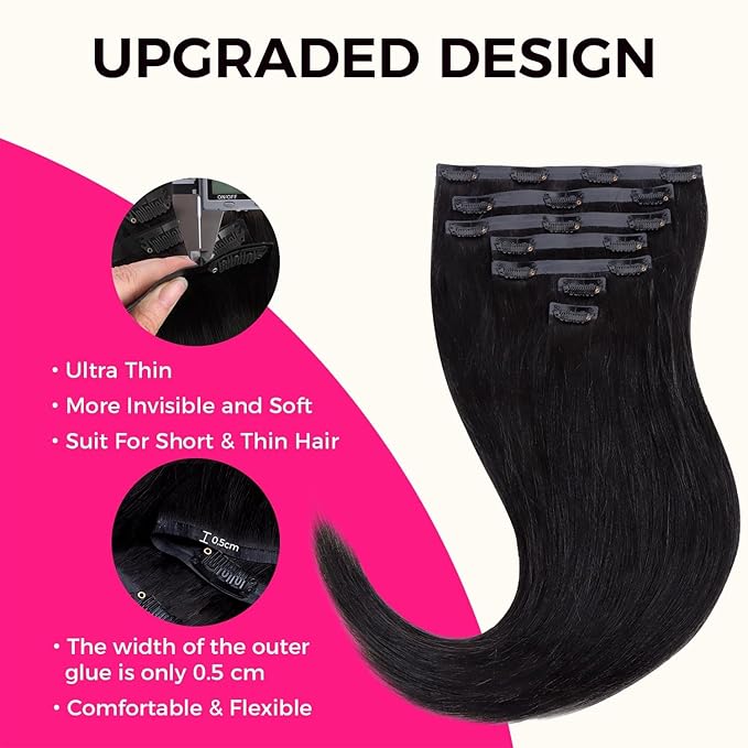 Lashey Seamless Clip in Hair Extensions Human Hair 7pcs 110g Light Yaki Straight Human Hair Extensions #1 Jet Black 18 Inch Clip in Hair Extensions for Women