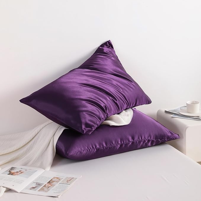 NTBAY 2 Pack Satin King Pillowcases for Hair and Skin, Luxurious and Silky Pillow Cases with Envelope Closure, 20x36 Inches, Eggplant Purple