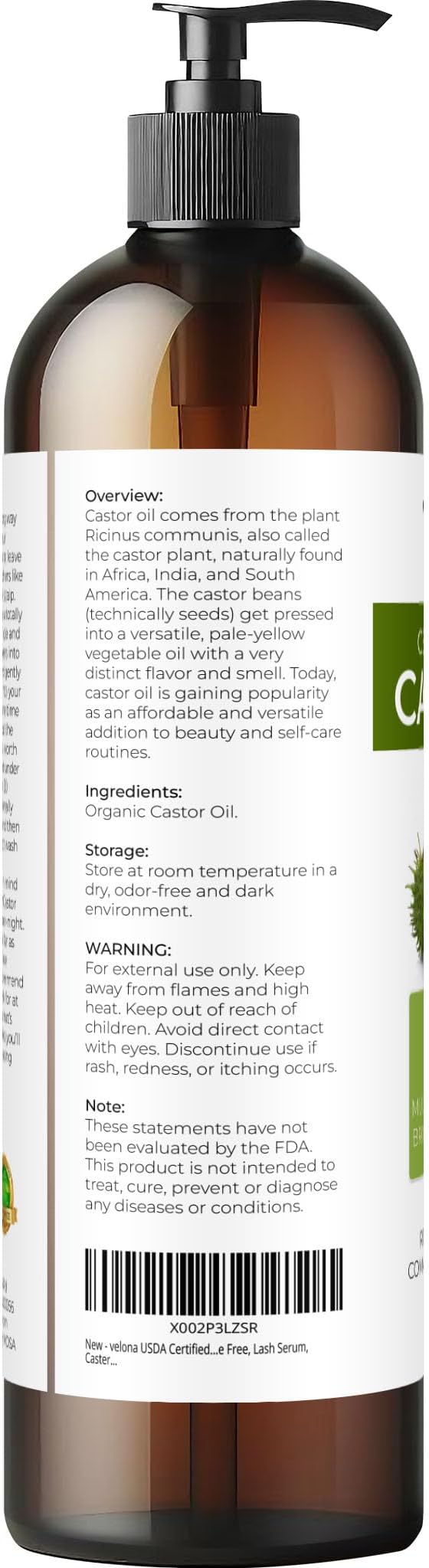 velona USDA Certified Organic Castor Oil - 8 Fl Oz | For Hair, Boost Eyelashes, Eyebrows | Cold pressed, Natural Oil, USP Grade | Hexane Free, Lash Serum, Caster…