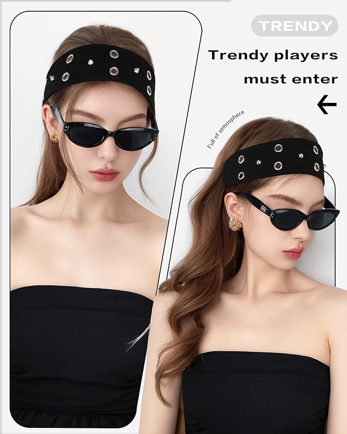 Grommet Headband for Women, Black Triangle Studs 23cm Hollow Out Elastic Hair Band, Eyelets Punk Grunge Stylish Hairband