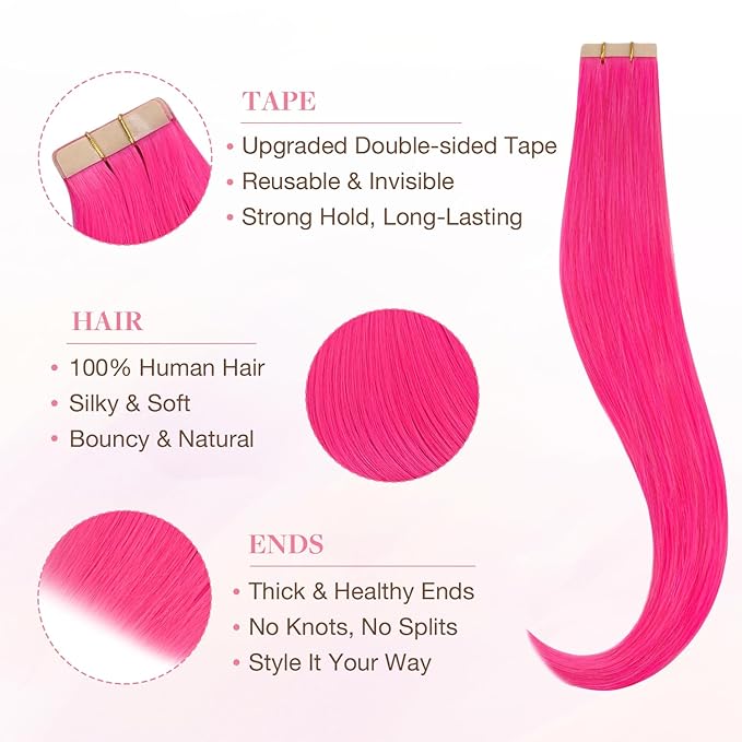 GOO GOO Tape in Hair Extensions Human Hair, Pink, 12inch 20g 10pcs, Colored Tape ins Human Hair Extensions, Silky&Soft Invisible Tape Ins, Hair Highlighted for Party
