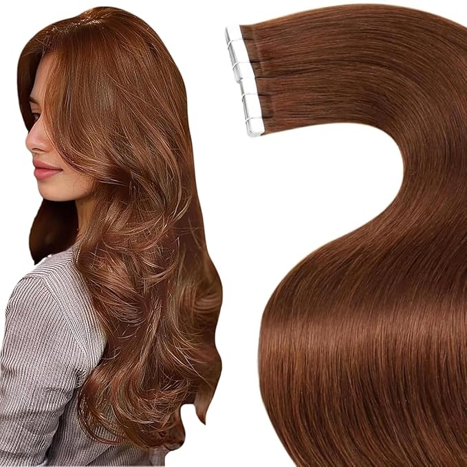 LaaVoo Tape in Hair Extensions Human Hair Auburn Brown Hair Extensions Tape in Real Hair Tape on Extension Soft Straight Hair 50g 20pcs 24inch