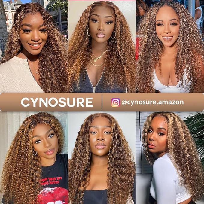 CYNOSURE Honey Blonde Ombre Lace Front Wig Human Hair 13x5 Highlight Deep Wave Curly Wig 4/27 Colored HD Transparent Lace Front Wigs Pre Plucked with Baby Hair 180% Density 24 Inch