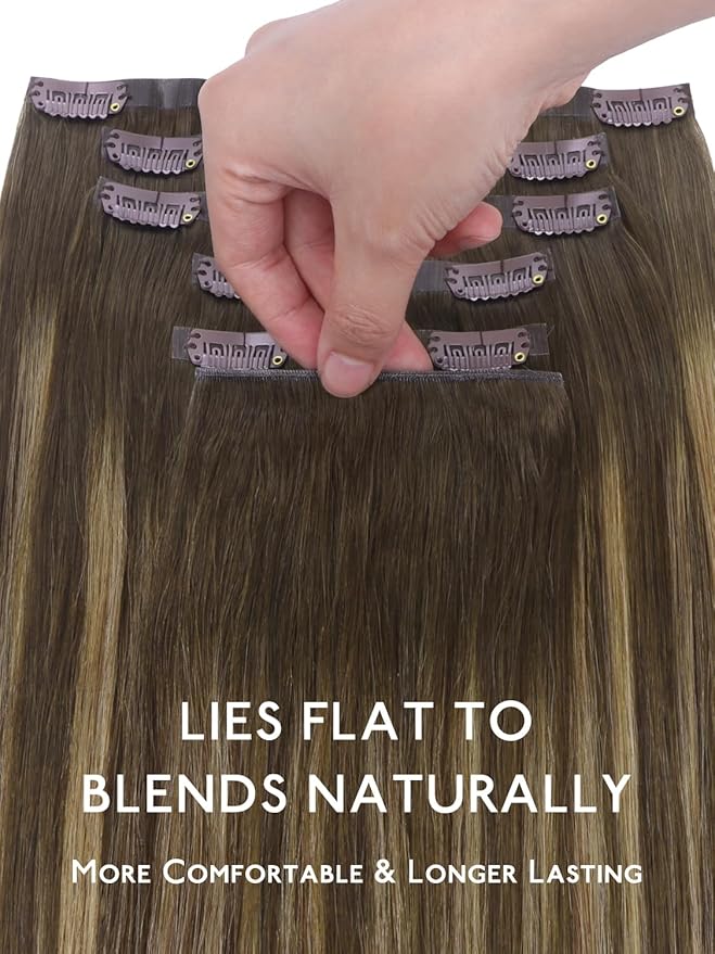 WENNALIFE Genius Seamless Clip in Hair Extensions Real Human 18 inch 120g 7 Pcs Balayage Chocolate Brown to Caramel Blonde Clip Ins Luxury Remy Hair Extensions De Cabello Humano