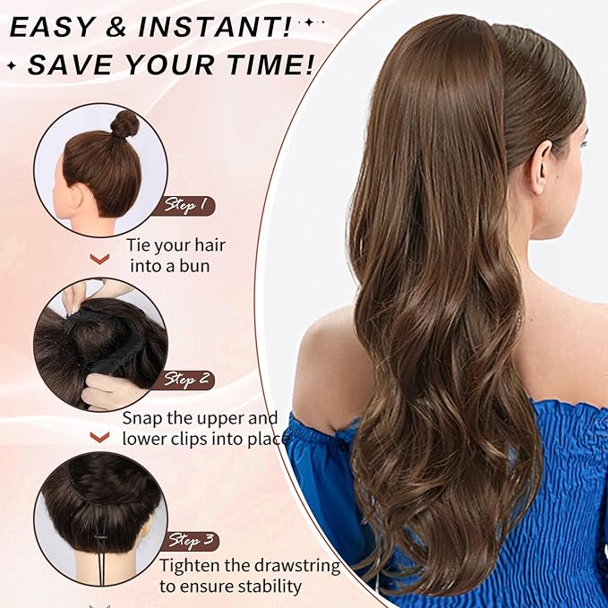 Ponytail Extension, Drawstring Ponytail Extension for Women 23 Inch Long Wavy Light Brown Pony Tails Hair Extensions Synthetic Clip in Ponytail Hairpiece for Women