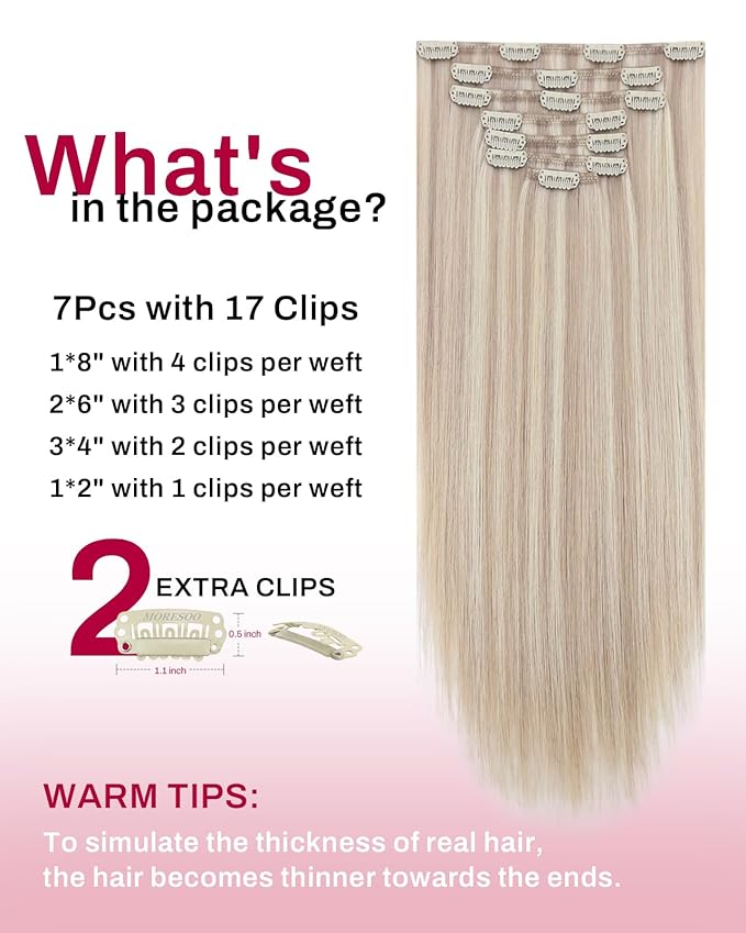 Moresoo Clip in Hair Extensions Real Human Hair Ash Blonde with Bleach Blonde Hair Extensions Clip ins Blond Highlights Remy Human Hair Straight Double Weft 120g/7pcs 16 inch