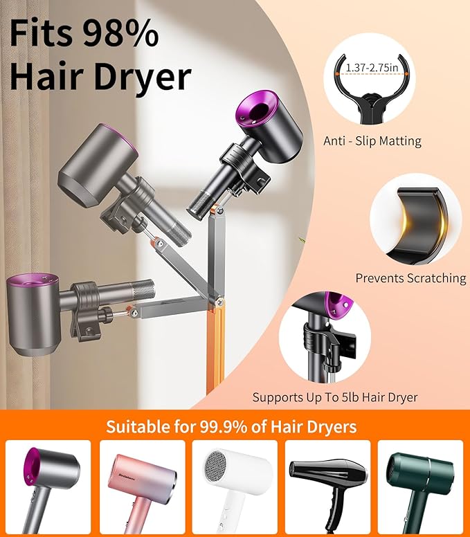 Desktop Hair Dryer Stand with Free Phone/Tablet Clip, Hair Dryer Stand Hands Free,Metal Material. Adjustable Hair Dryer Hanger for Vanity, Countertop, Bedside,Practical Gift for Elderly