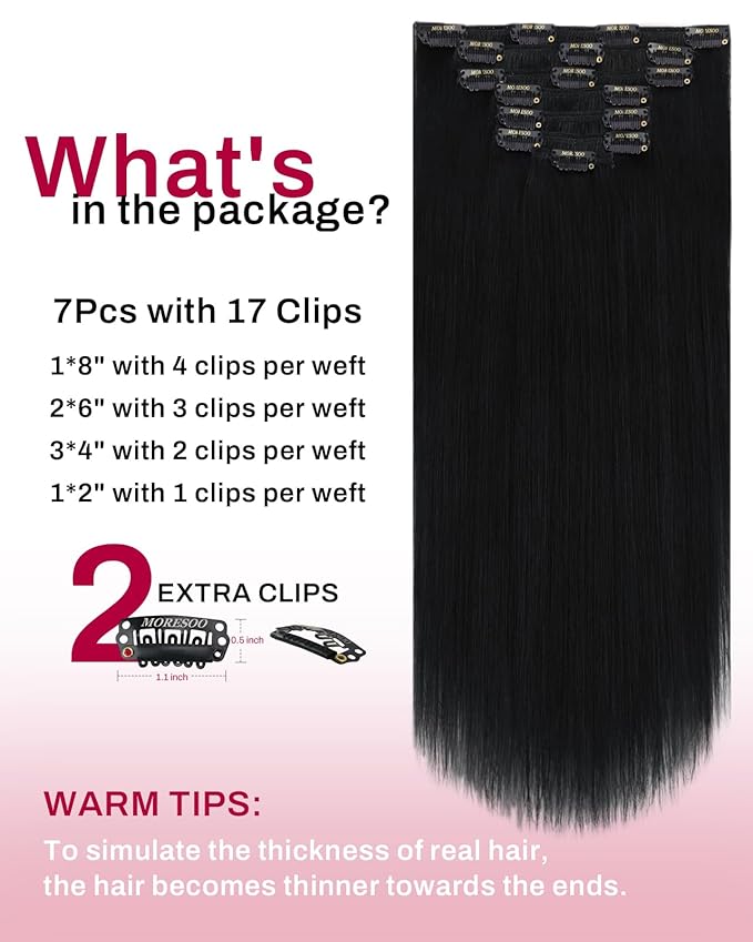 Moresoo Short Clip in Hair Extensions Black Hair Extensions Clip in Human Hair Natural Black Remy Double Weft for Women Straight 80g/5pcs 14 inch