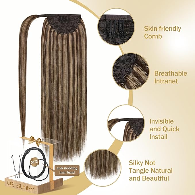 Ve Sunny Hair Extensions Ponytail Real Human Hair Wrap Around Clip in Ponytail Hair Extensions Straight Extensions Human Hair for Women Medium Brown Highlighted Caramel Blonde 18inch 80G 80G