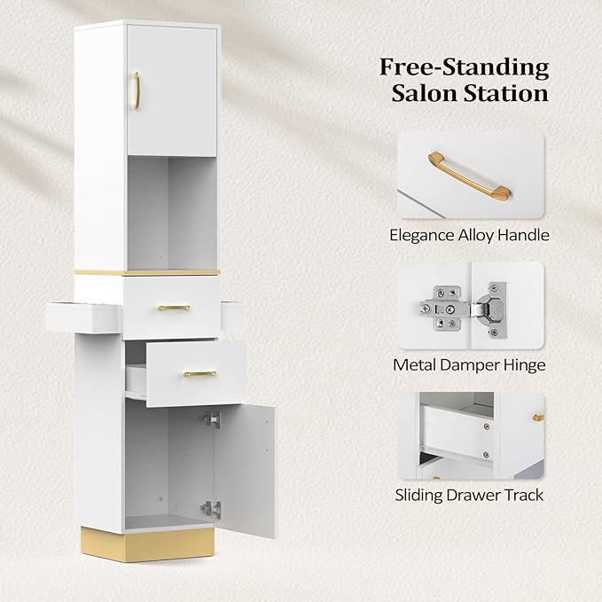 Salon Station for Hair Stylist - Barber Beauty Spa Equipment With 2 Drawers, 2 Storage Cabinets, 6 Hair Dryer Holders for Styling - White Gold