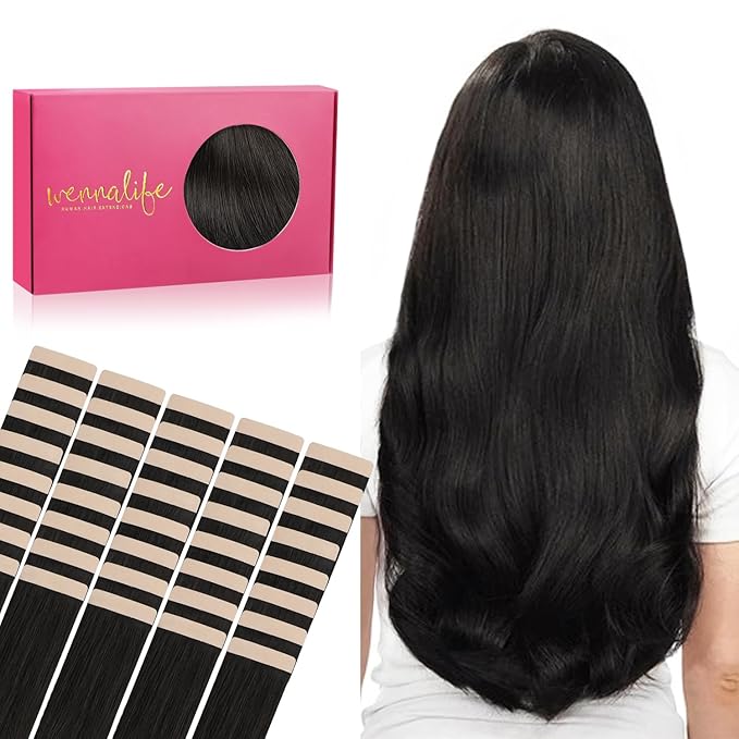 WENNALIFE Tape in Hair Extensions, 40pcs 100g 24 Inch Natural Black Human Hair, Straight Invisible Reusable Real Extensions