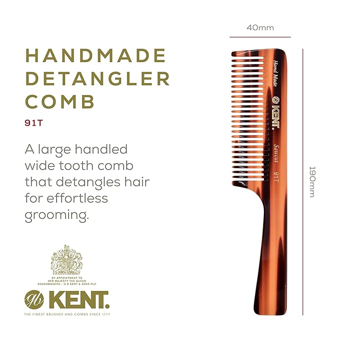 Kent 91T Wide Tooth Women’s Detangler Comb for Curly, Wavy, and Thick Hair – Ideal for Use on Wet Hair – Gentle, Shower Comb with Large Handle – Anti-Static, Smooth - Styling Tool by Kent