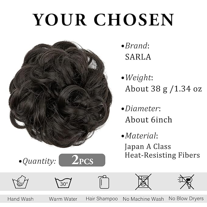 SARLA 2PCS Messy Hair Bun Hair Pieces Wavy Curly Synthetic Updo Fake Scrunchies Ponytail Extension for Women Black Brown