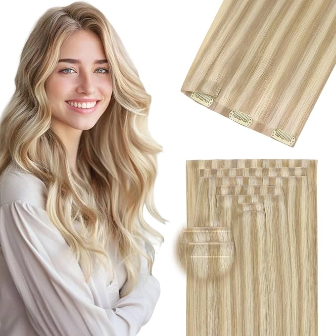 DOORES Invisi Edge Clip in Hair Extensions 22 inch 150g 7pcs, Virgin Real Human Hair PU Clip in Extension Invisible Seamless Natural Thickening Hairstyle, 18/613 Dark Blonde Highlighted Bleach Blonde