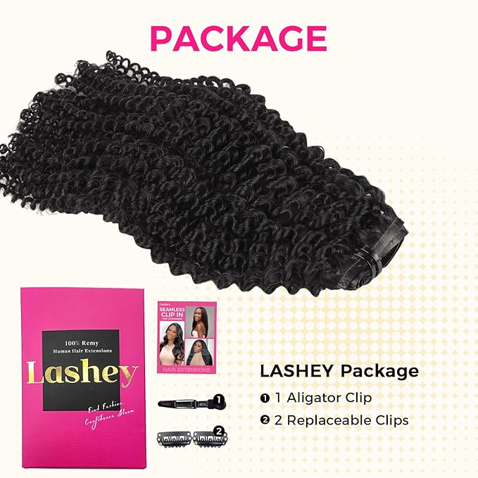 Lashey Seamless Clip in Hair Extensions Human Hair Kinky Curly 110g 7pcs PU Clip ins Natural Black 100% Real Human Hair 24 Inch