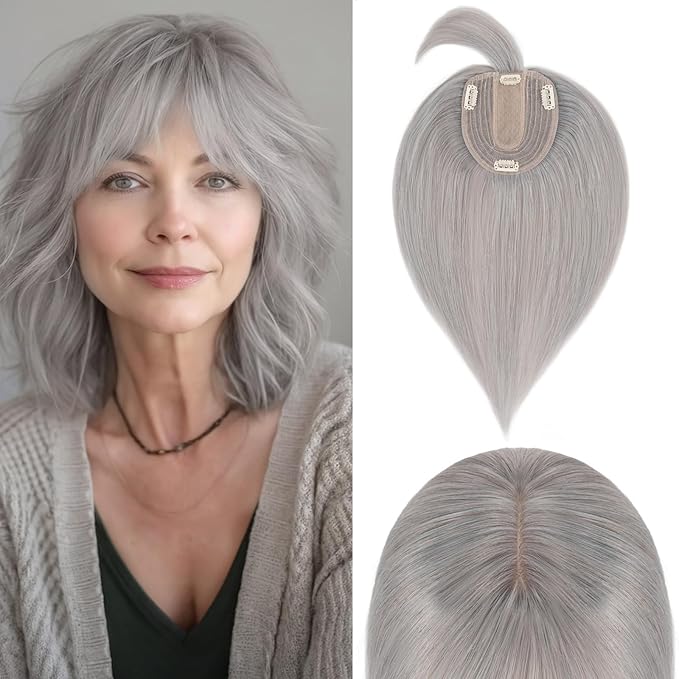 Rich Choices Real Human Hair Toppers for Women With Bang 100% Remy Human Hair Topper for Thinning Hair Clip in Silk Base Hair Topper 6 Inch G1 Grey Silver