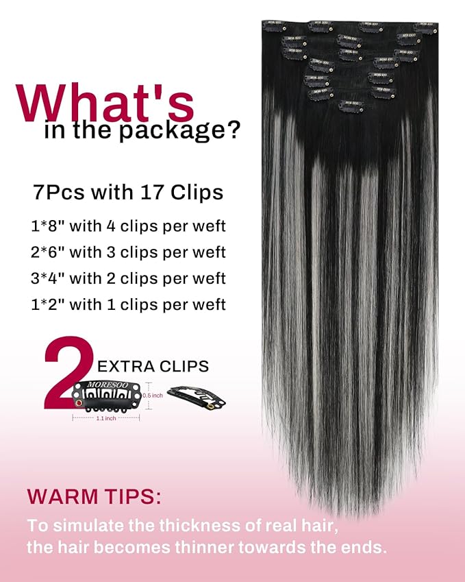 Moresoo Black And Silver Clip in Hair Extensions Ombre Natural Black to Silver Grey Hair Extensions Real Human Hair Clip ins Remy Human Hair Long Full Head 120g/7pcs 22 inch